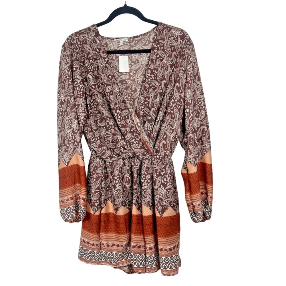 Charlotte Russe Paisley Wrap Romper Brown XL NWT Long Sleeve Elastic Waist Party